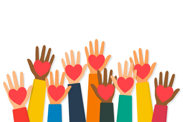 Cartoon hands raised in the air with hearts on palms