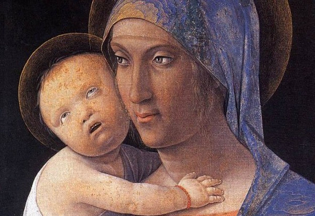 A medieval painting of Mary and the Christ Child. The baby looks like he is about to sneeze.