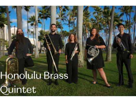 five musicians with brass instruments