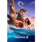 Moana and Maui sailing the sea on a canoe