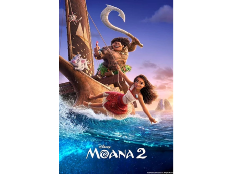 Moana and Maui sailing the sea on a canoe