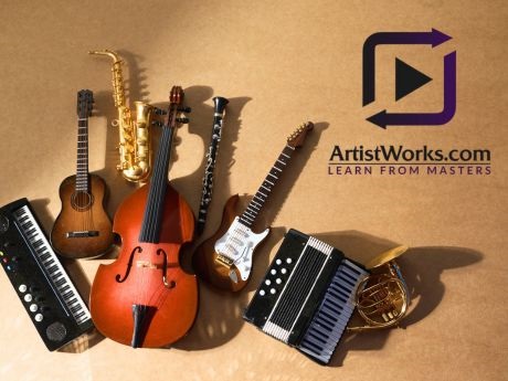 ArtistWorks log with a variety of music instruments