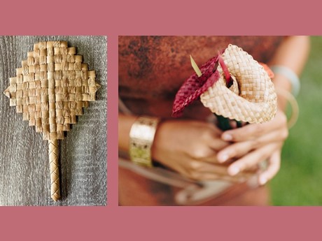 Images of lauhala fan and hands holding lauhala anthuriums