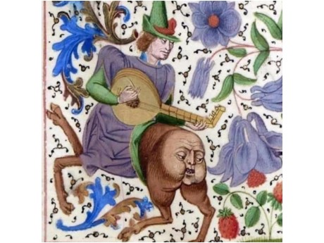 Medieval drollery of a lute-playing centaur with a face on it's hindquarters. The face is looking longingly at some raspberries.