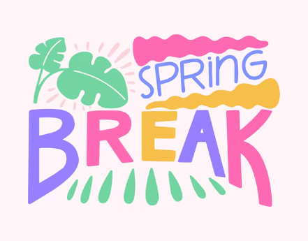 Colorful letters spelling, "Spring Break," next to monstera leaves, all on a light pink background.