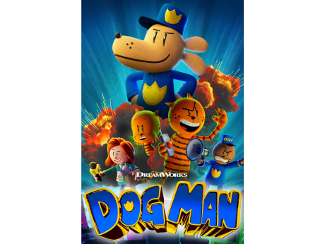 Dog man and friends set against a blue background