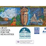 painting depicting Micronesian mountain, sea and sky with a woman sitting among taro plants. Sponsorship logos