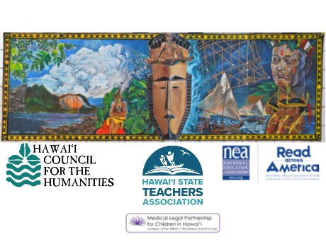 painting depicting Micronesian mountain, sea and sky with a woman sitting among taro plants. Sponsorship logos