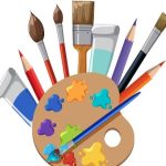 A paint pallet with dollops of paint on it, surrounded by brushes and paint tubes