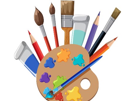 A paint pallet with dollops of paint on it, surrounded by brushes and paint tubes