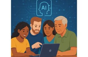 illustration of people gathered around a laptop