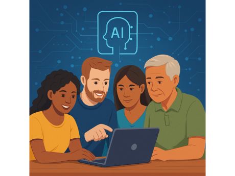 illustration of people gathered around a laptop