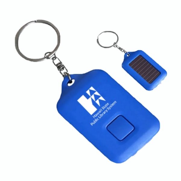 blue solar flashlight keychain with library logo