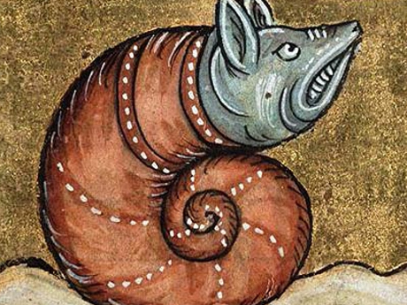 A bronze snail with a gray dog head.
