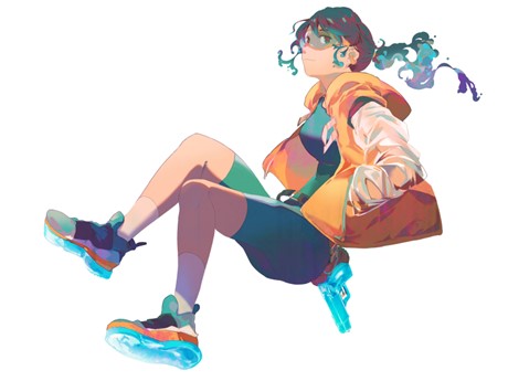 Manga style illustration of a girl wearing an orange hoodie and floating