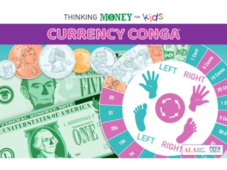 Colorful drawings of money and the Currency Conga game