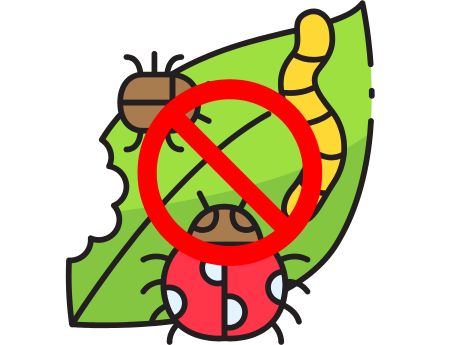 A red "busters" symbol over garden insects eating a leaf.