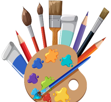 A paint pallet with dollops of paint on it, surrounded by brushes and paint tubes.