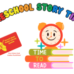 Text reads "Preschool Story Time, Time to Read!" with an image of a library card, and a clock on top of a stack of books