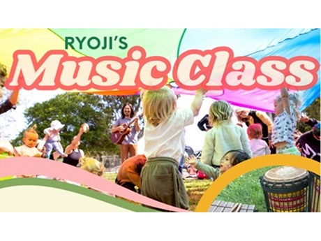 Man playing guitar in background. Children playing percussion instruments in foreground.