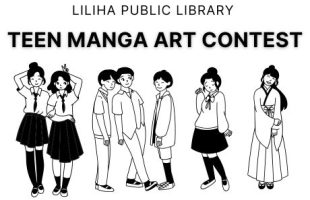 Manga style line art of teenagers in school uniforms and traditional Japanese clothing. Text reading Liliha Public Library Teen Manga Art Contest