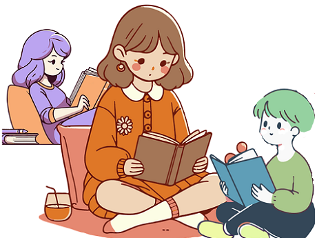 a person with purple hair facing towards the right and reading behind a person with brown hair and a book and a smaller person in green on the right facing the left also reading.