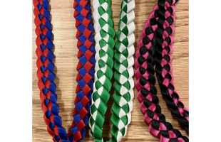 a set of 3 braided satin ribbon leis in different colors
