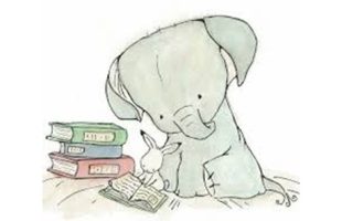 cartoon elephant sitting behind a cartoon rabbit reading a book