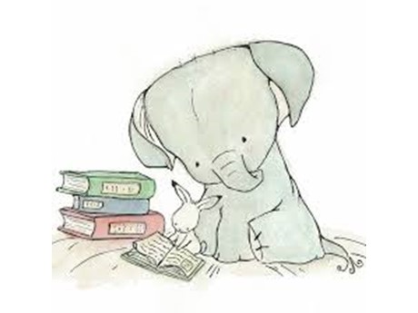cartoon elephant sitting behind a cartoon rabbit reading a book