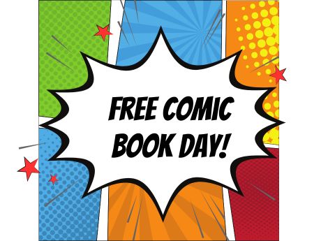 comic book background with primary colors and panes, word bubble with text free comic book day