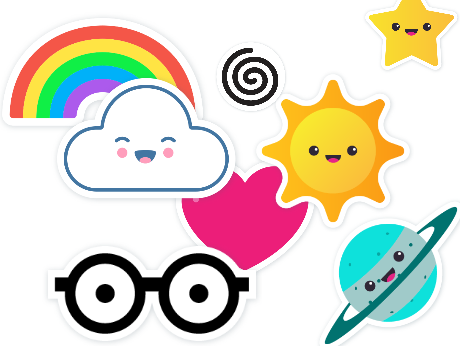 stickers of cloud, sun, rainbow, heart, glasses, planet and star scattered on page