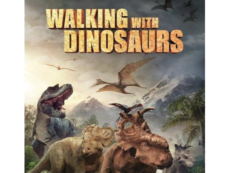 Different types of dinosaurs are featured under a grey sky with the words, "Walking With Dinosaurs," over them in gold.