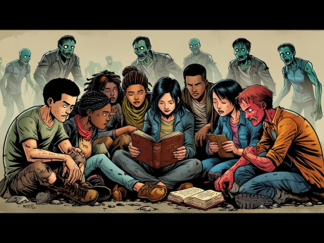 zombies and humans surrounding a book