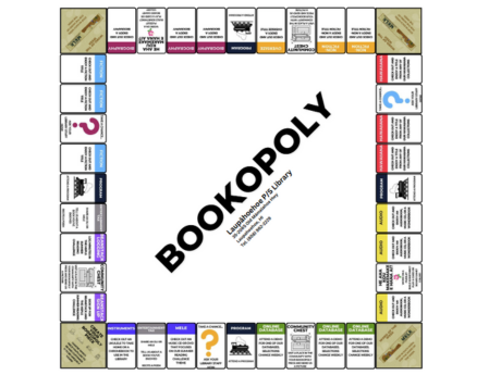 A stylized depiction of a game board with different tasks on cards around a square board