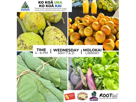 Event flyer featuring images of ulu, bundles of luʻau, tangerines and assorted vegetables.
