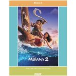 Moana, Maui, Pua the pig and Hei Hei the rooster in a canoe on the water