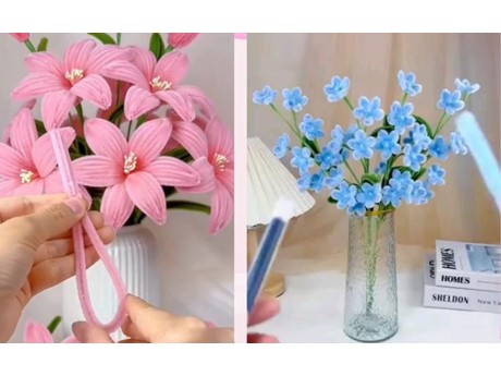 Images of flowers made with pipe cleaners- pink lilies and clusters of little blue flowers.