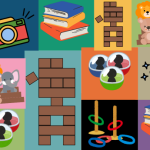 collage of camera, jenga, stuffed animals, capsules, ring toss, books