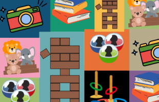 collage of camera, jenga, stuffed animals, capsules, ring toss, books