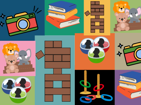 collage of camera, jenga, stuffed animals, capsules, ring toss, books