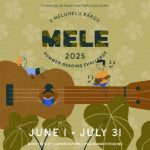Summer reading design with kids on a giant ukuleke with some taro leaves on the bottom