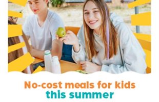 A teen boy and girls smile at the camera. The girl is eating an apple. Text under the image reads: No-cost meals for kids this summer