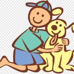 cartoon boy in hat kneeling and hugging a dog