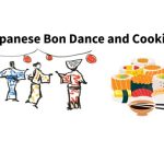 Japanese Bon Dancers, three and various sushi with miso soup bowl and chop sticks