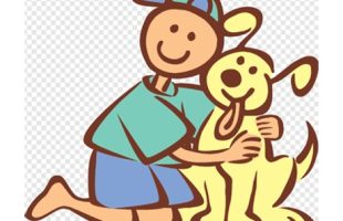 cartoon boy in hat kneeling and hugging a dog