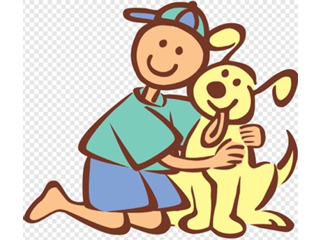 cartoon boy in hat kneeling and hugging a dog