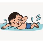 Child in blue swim trunks swimming freestyle