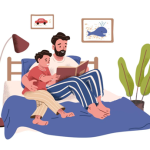 A child and a person with a beard and mustache on a bed with blue sheets, looking at a book