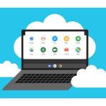 A graphic featuring a laptop in the sky surrounded by clouds