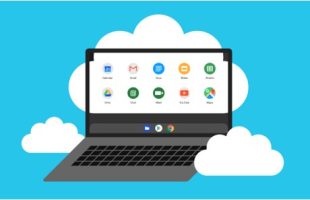 A graphic featuring a laptop in the sky surrounded by clouds